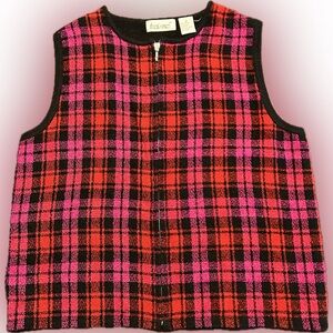 That's Me! Vintage Zip Up Sweater Vest, Plaid Black, Red, Pink